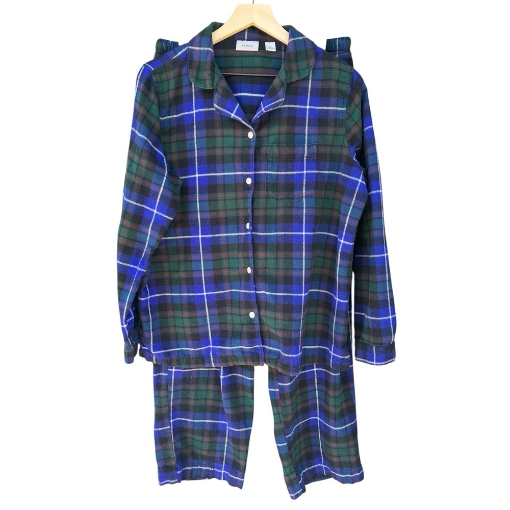 LL Bean Womens Scotch Plaid Flannel Pajama Set‎ Black Watch Tartan L Blue Green